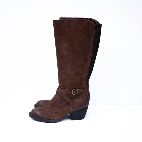 BORN Brown Suede Tall Leather Boots 9.5M Block Heels Buckle Side Zip Distressed - Picture 5 of 12